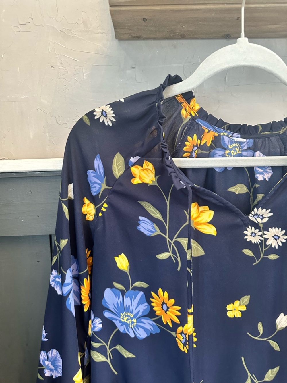 Old Navy Navy Floral Peasant Blouse with Blue and Yellow Flowers - Picture 7 of 10
